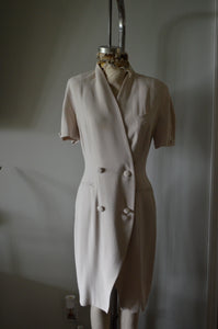 1980S Blazer Dress Beige Button Down Shirt Dress With Linen Shoulder Pads