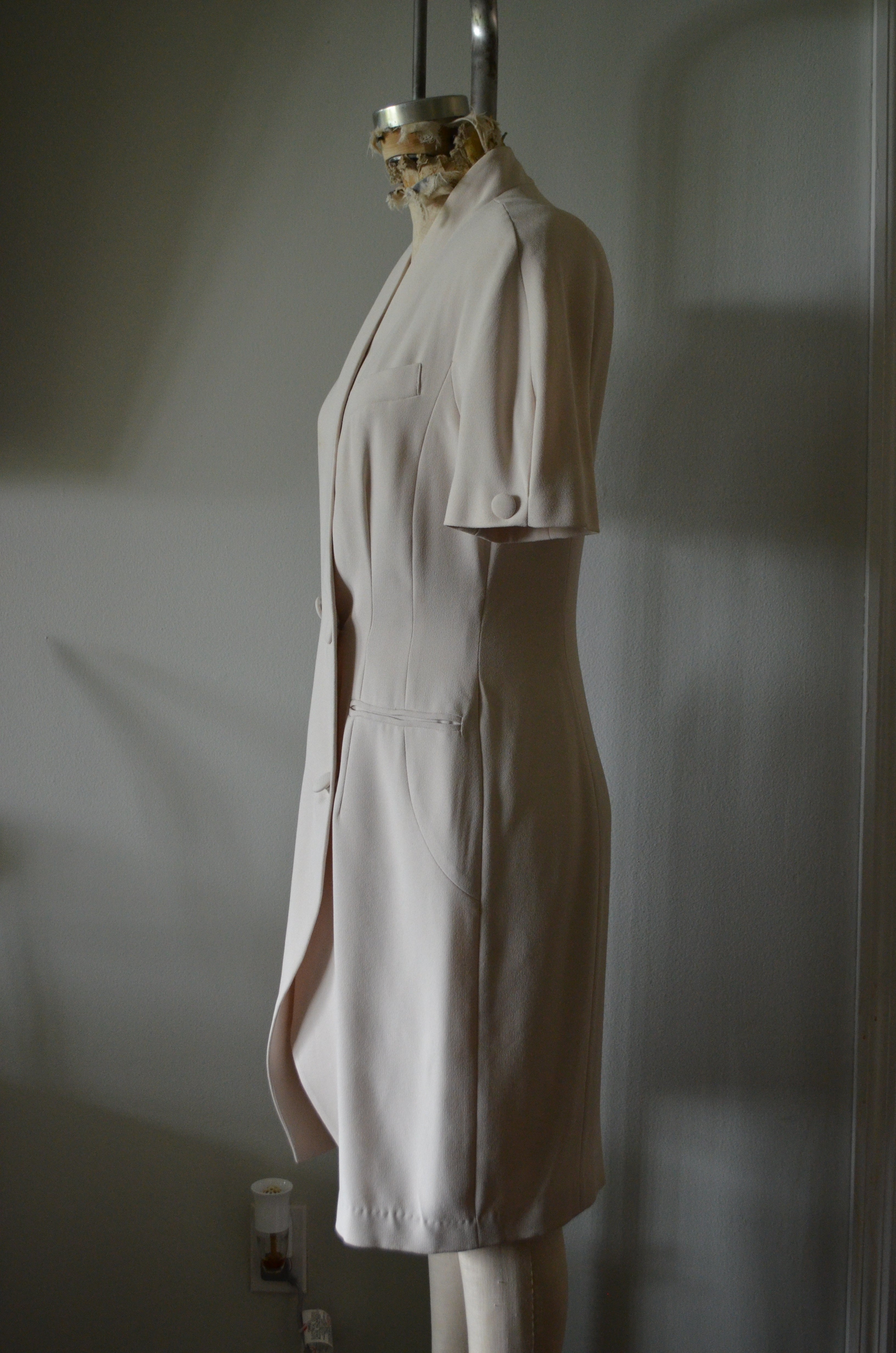 1980S Blazer Dress Beige Button Down Shirt Dress With Linen Shoulder Pads