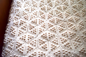 Vtg Queen Handmade Crochet Beige Lace pompom fringe Coverlet Bedspread HEAVY