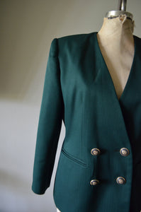 80s Dark Green tailored green Woman Double breasted blazer with gold pocket embroidery