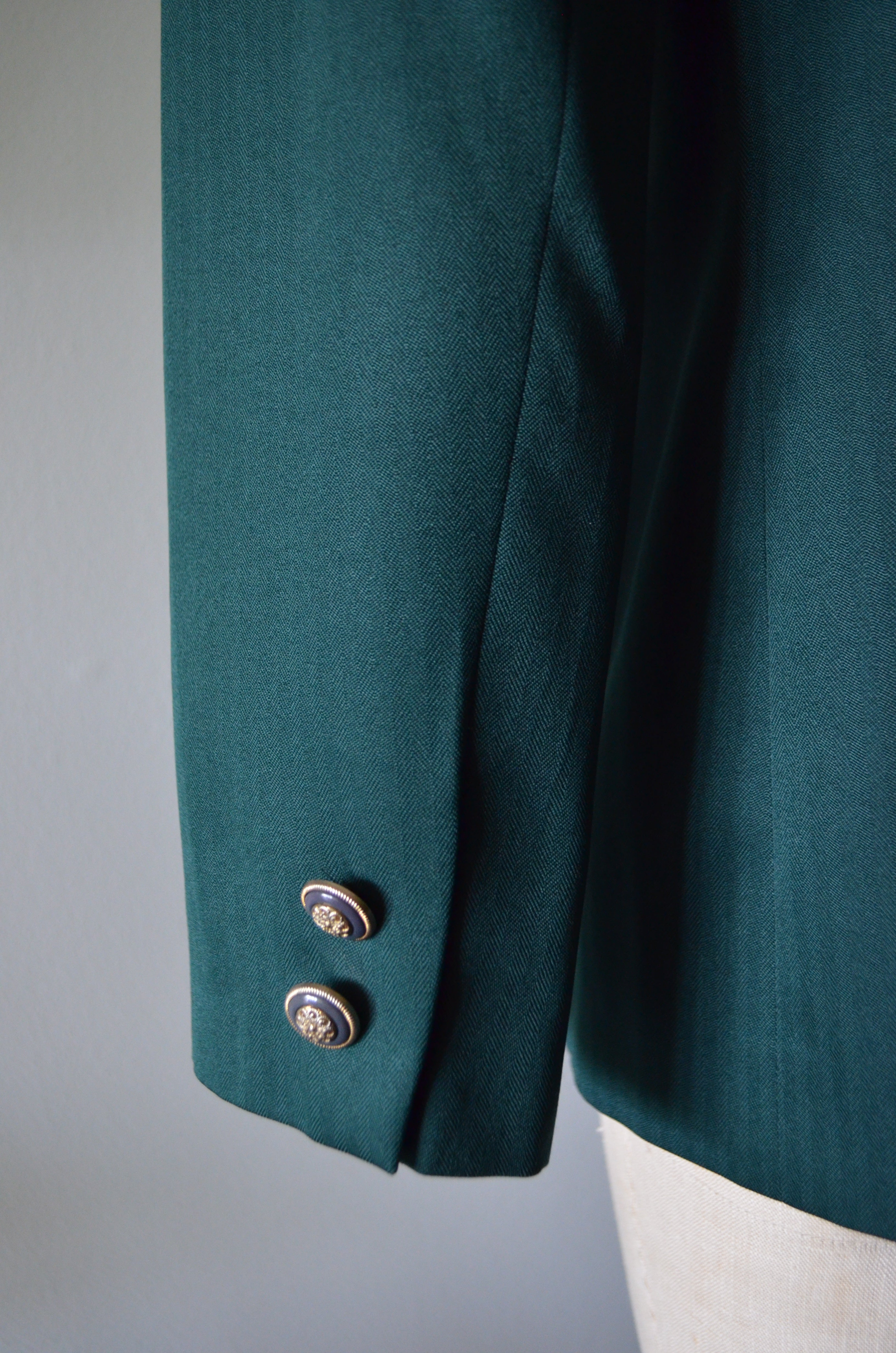 80s Dark Green tailored green Woman Double breasted blazer with gold pocket embroidery