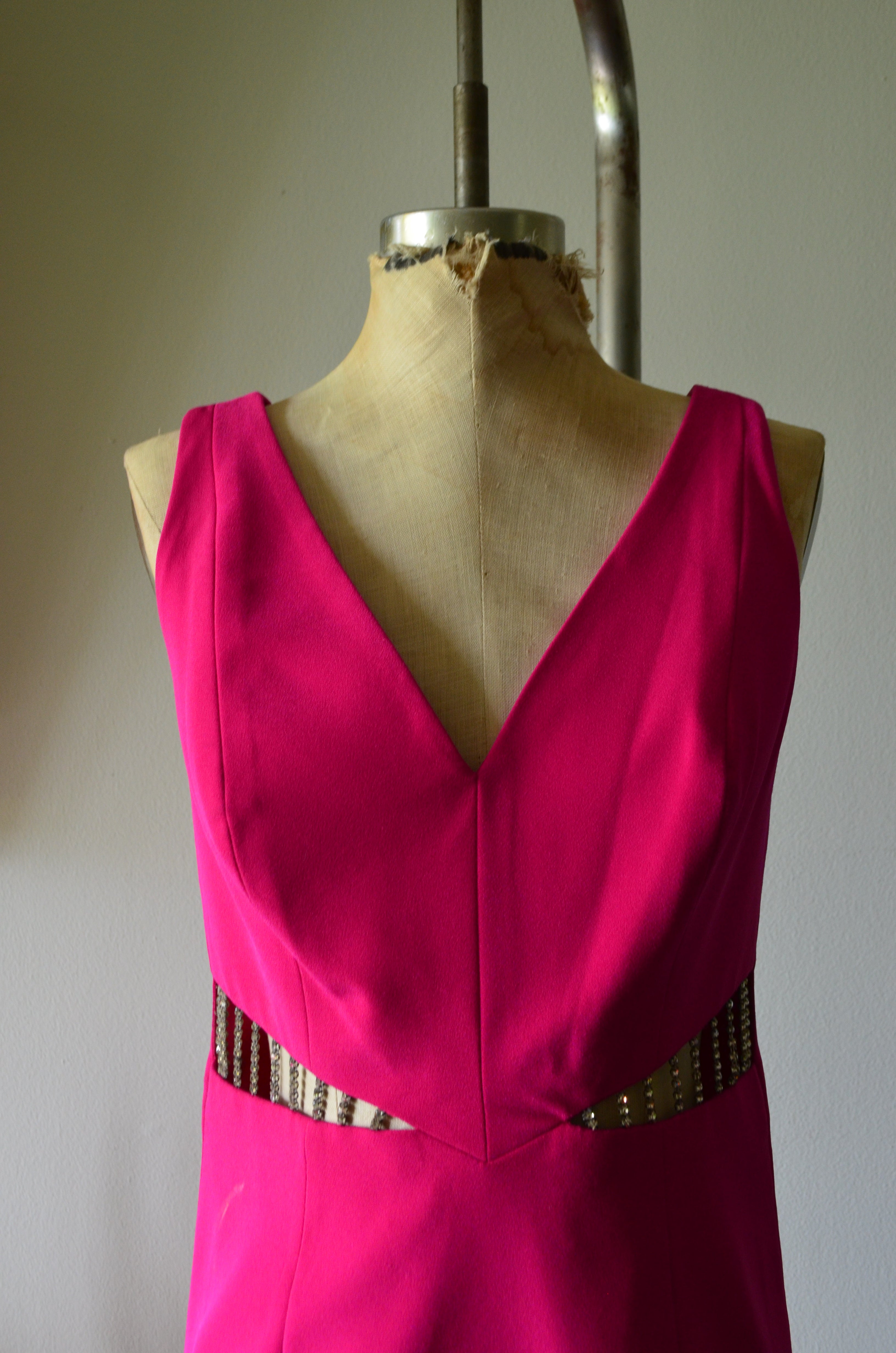 Sexy Pink Feather Dress Fuchsia Empire Waist Open Front Crystal Chain