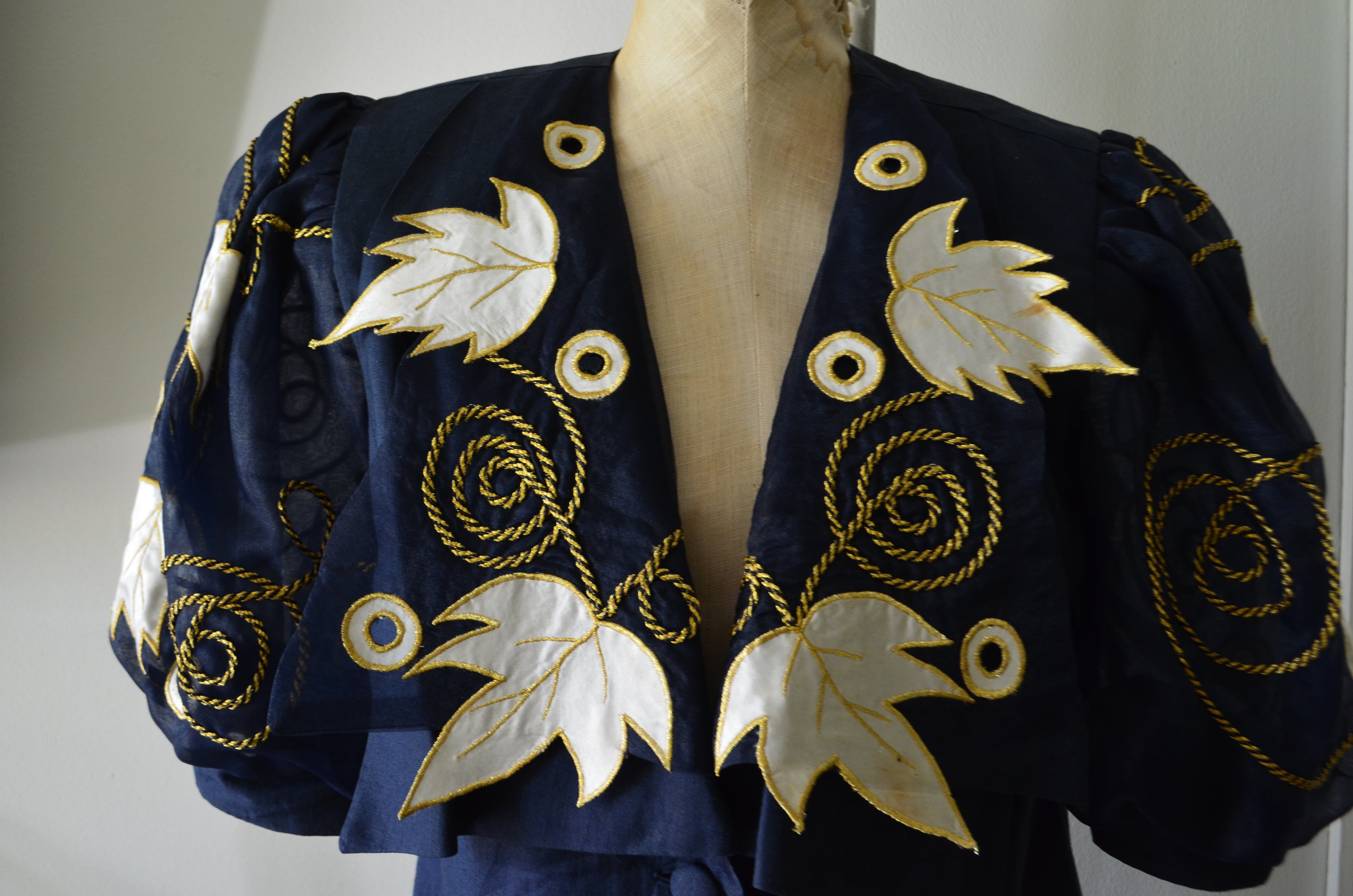1980S Leaf Puff Oversized Sleeve Princess Blue Navy Gold Floral Braid Blouse Top