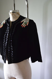 Black Velvet Sequined Beaded Rhinestone hand patches Jacket Short Cropped