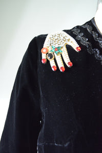 Black Velvet Sequined Beaded Rhinestone hand patches Jacket Short Cropped
