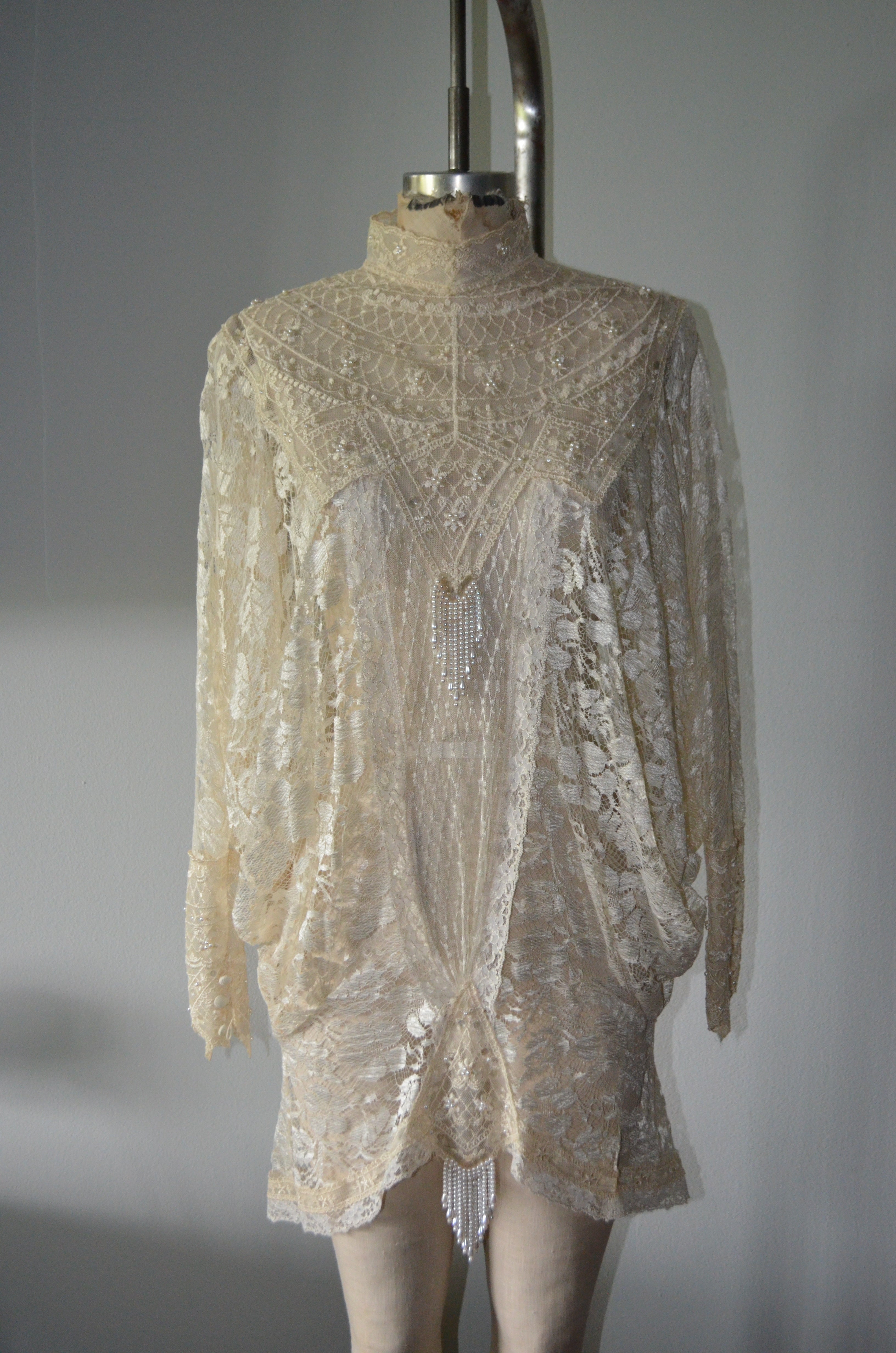 Victorian Sequin Beaded Pearl Sheer Lace Cover up Capelet Batwing Sleeve Dress