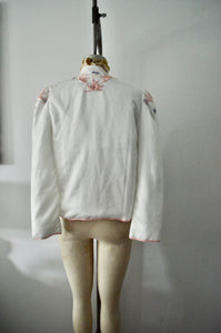 Off White Boho Cropped Puffer Sleeve Quilted Jacket Embroidery Retro Floral