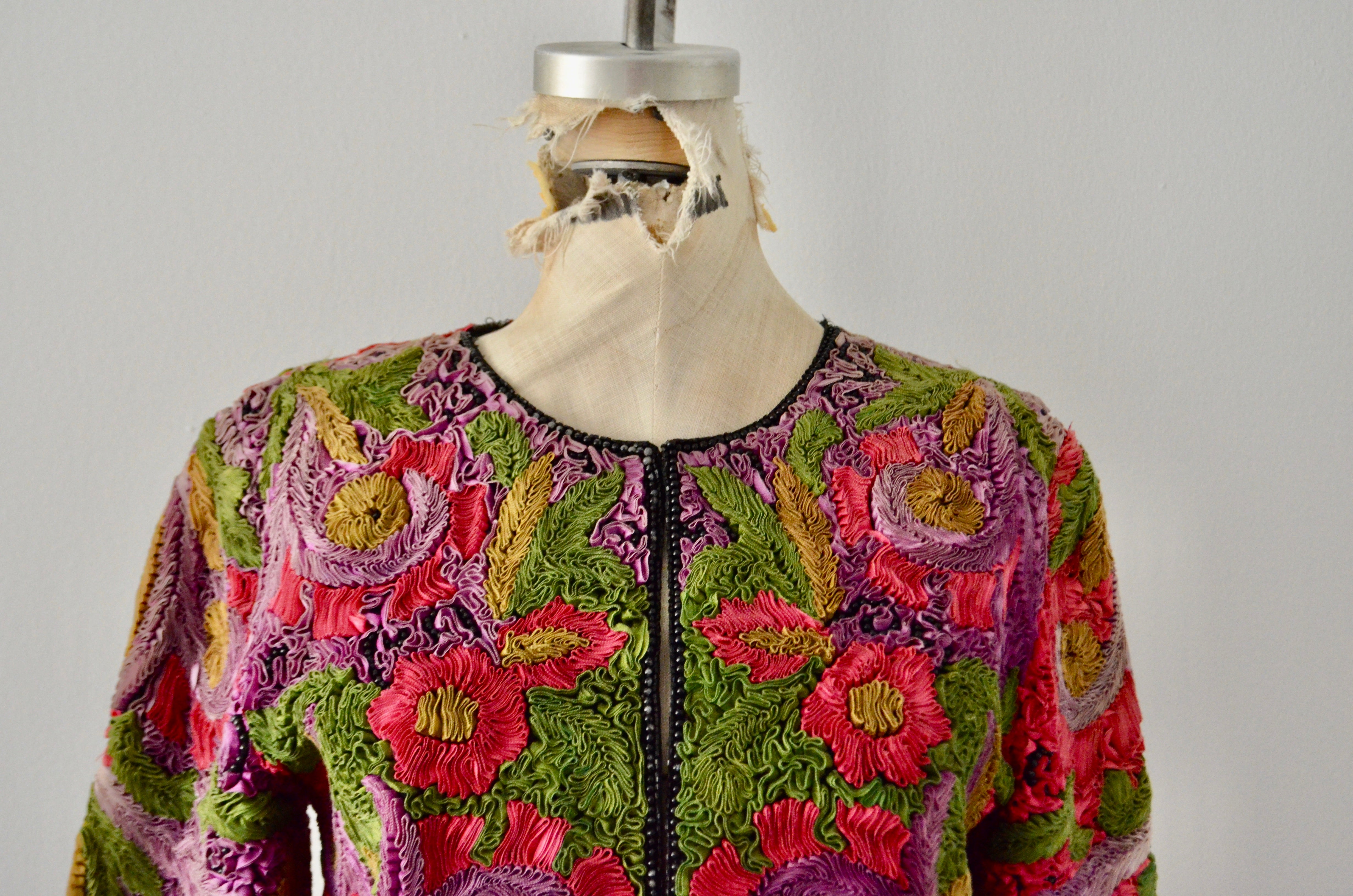 Vintage Cache Exquisite Silk Ribbon Flower Swirl Design Pattern Cropped Jacket