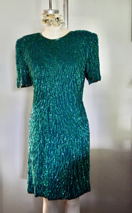 80s Laurence Kazar Emerald Green Sequined Beaded Shinning Dress Style