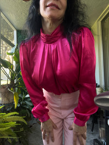 Vintage 80s Pink pleated halter neck long sleeve shirt with shoulder pads