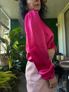 Vintage 80s Pink pleated halter neck long sleeve shirt with shoulder pads