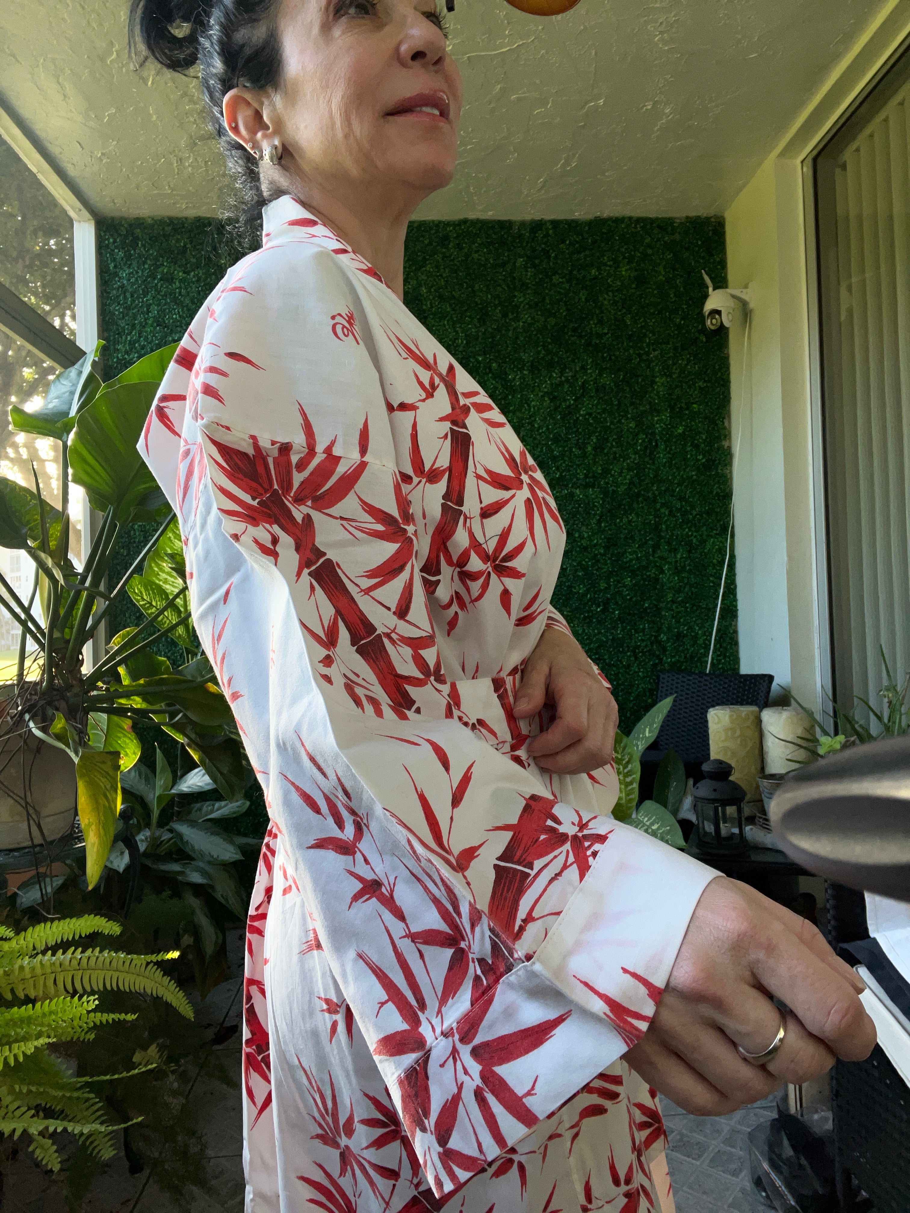 Kimono Vest Japanese cotton red bamboo pattern Women Traditional Robe