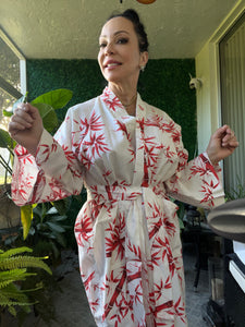 Kimono Vest Japanese cotton red bamboo pattern Women Traditional Robe