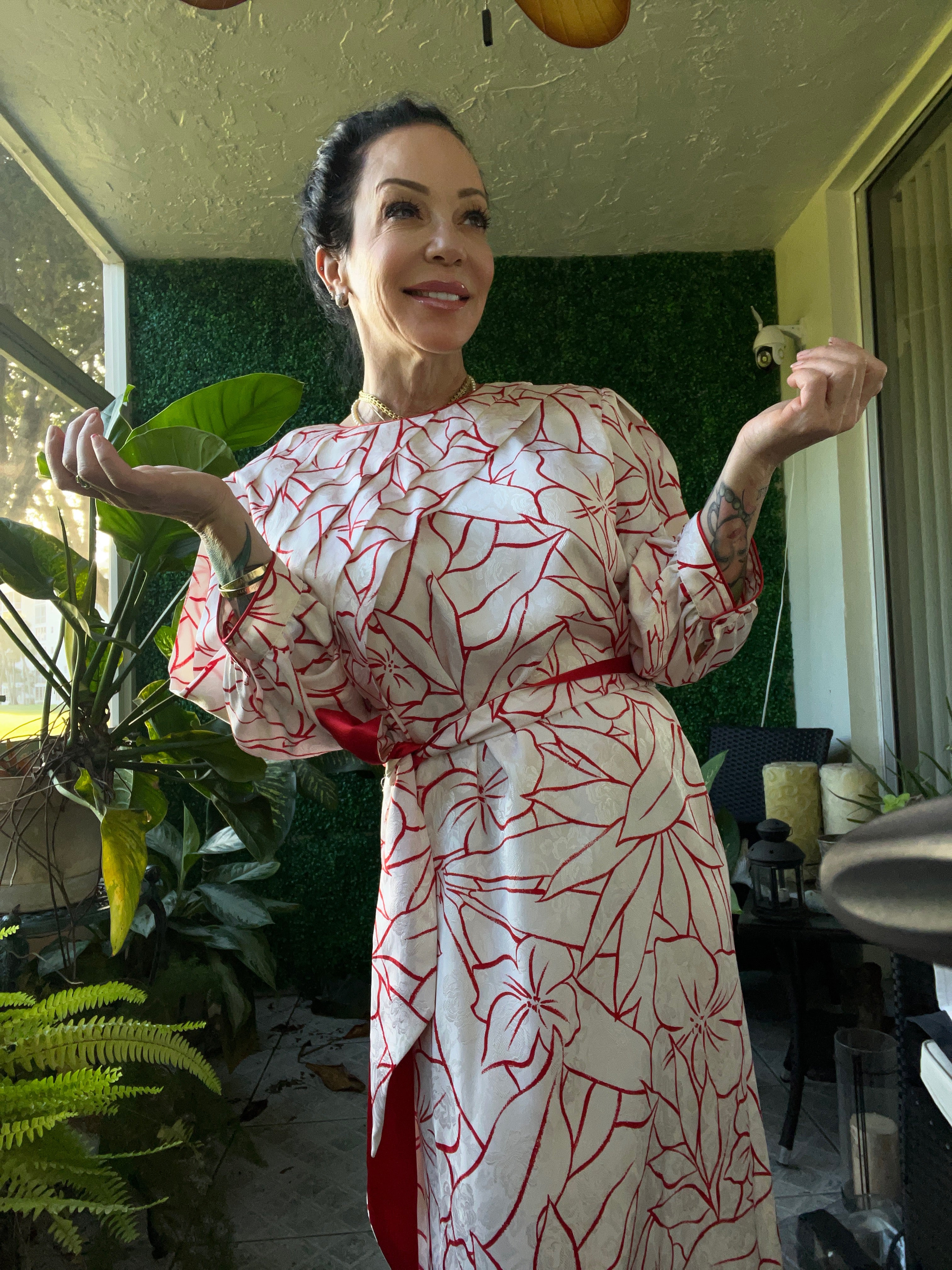 Vintage Flora Kung red and white silk dress