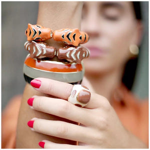 Handmade Enameled Colorful Statement Leopard Orange and Black/ Gold Double head Tiger Bangle Cuff Bracelet