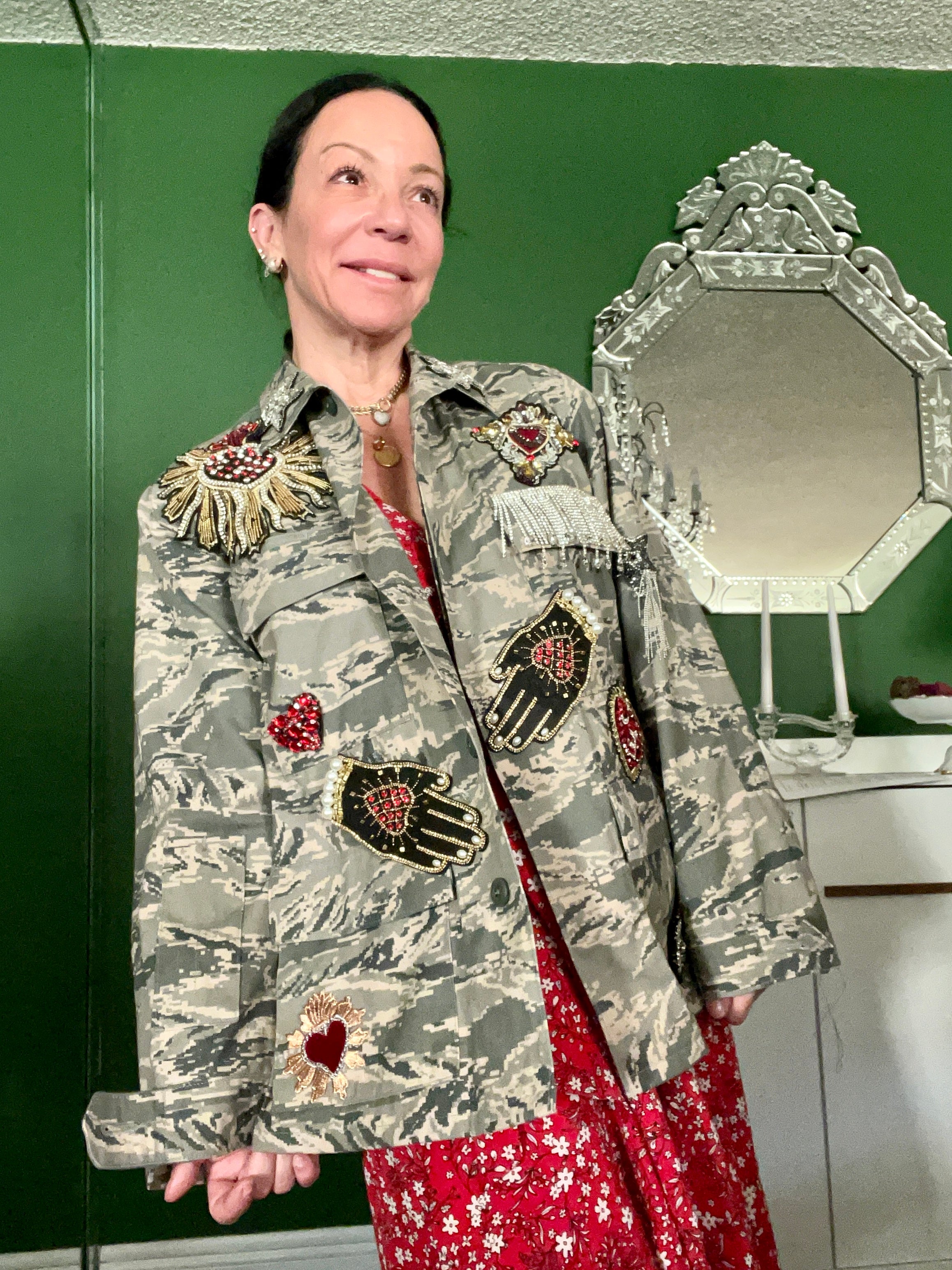 Camouflage print military jacket reworked with patches Tiger and Sacred heart