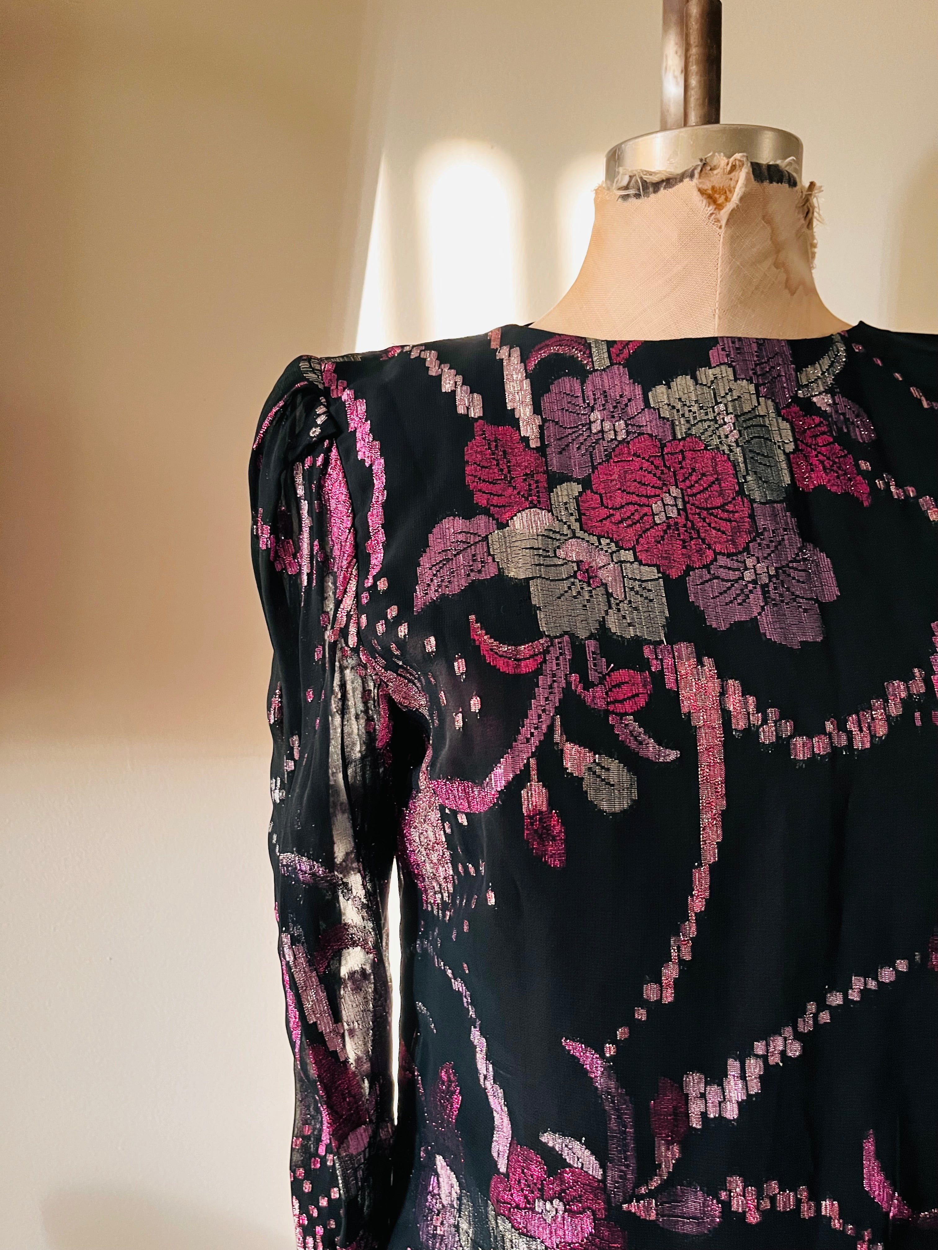 80s sheer black and pink metallic floral disco top
