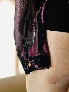 80s sheer black and pink metallic floral disco top