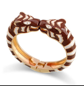 Handmade Enameled Colorful Statement Leopard Dark Brown and White Double head Tiger Bangle Cuff Bracelet