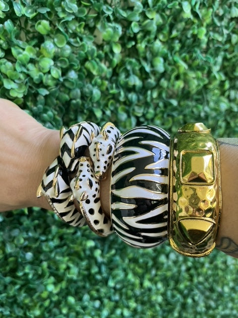 Handmade Enameled Colorful Statement Zebra Black and White Double head Bangle Cuff Bracelet