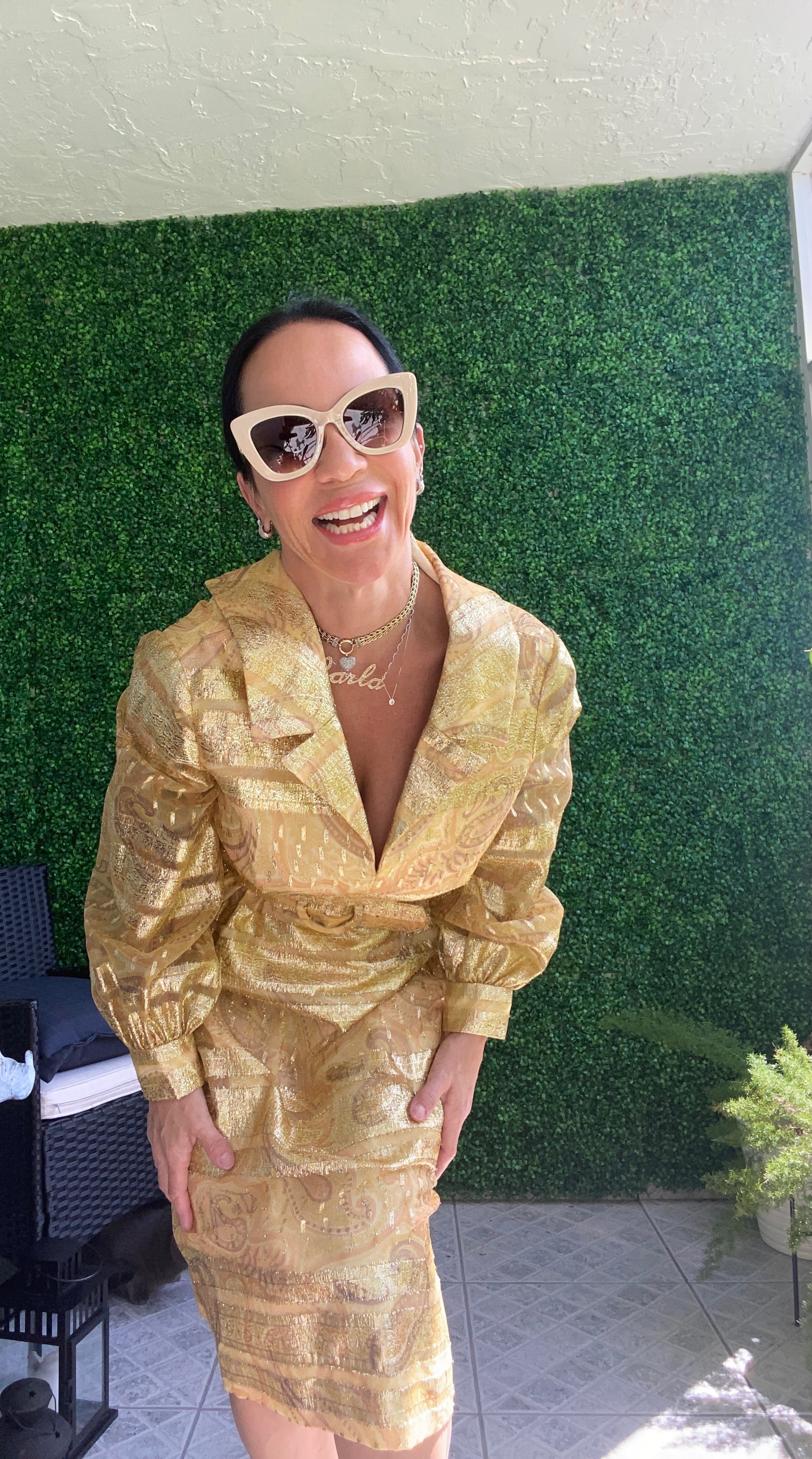 1970S Duvall's Metallic Gold Parsley Brocade Yellow Glitter Belted High Waist Midi Dress Long Sleeve 1970S Duvall's Metallic Gold Parsley Brocade Yellow Glitter Belted High Waist Midi Dress Long Sleeve