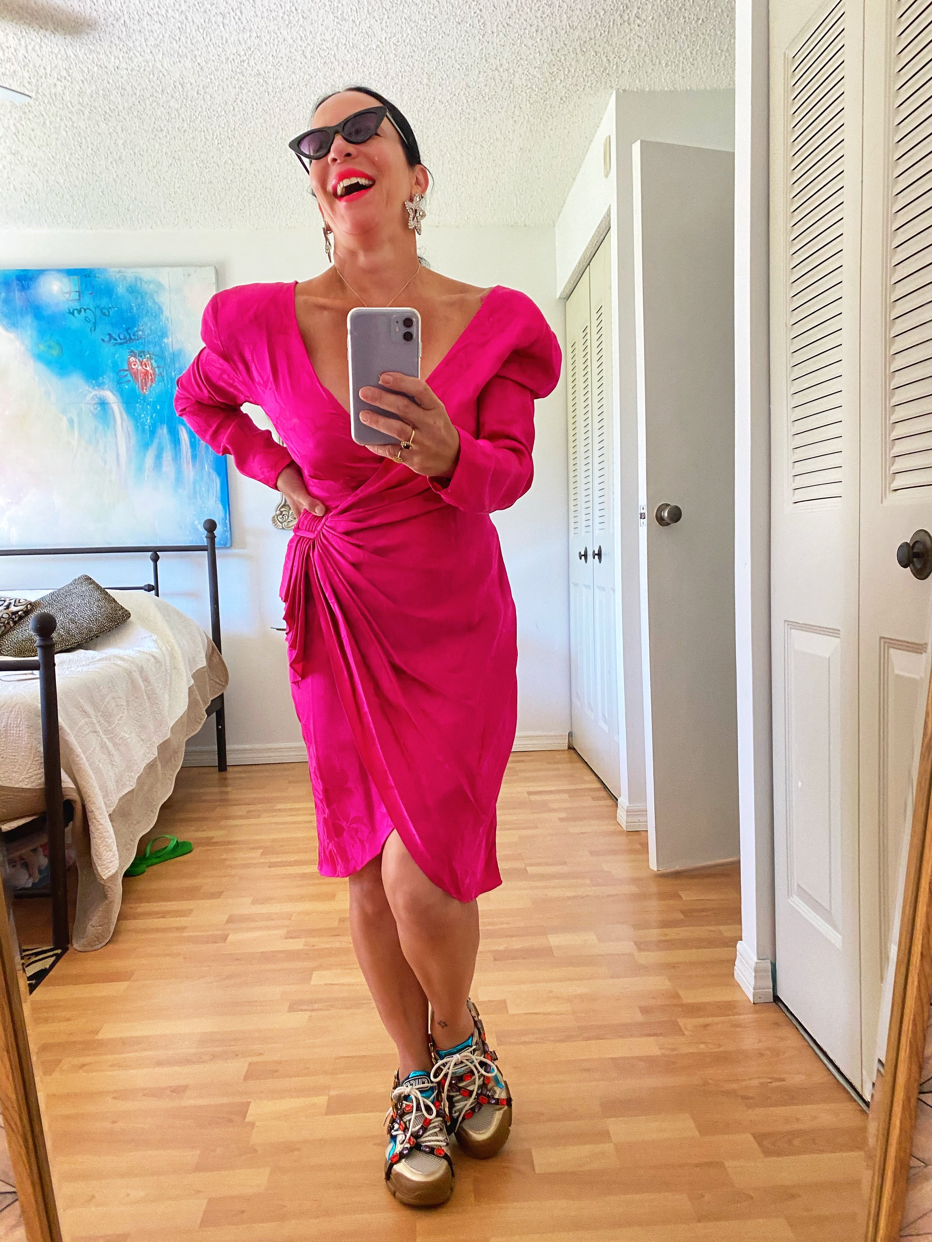 80S Hot Pink Ruched Wrap Jacquard Silk Secretary Dress By Silk Studio Small 80S Hot Pink Ruched Wrap Jacquard Silk Secretary Dress By Silk Studio Small