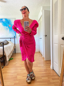 80S Hot Pink Ruched Wrap Jacquard Silk Secretary Dress By Silk Studio Small