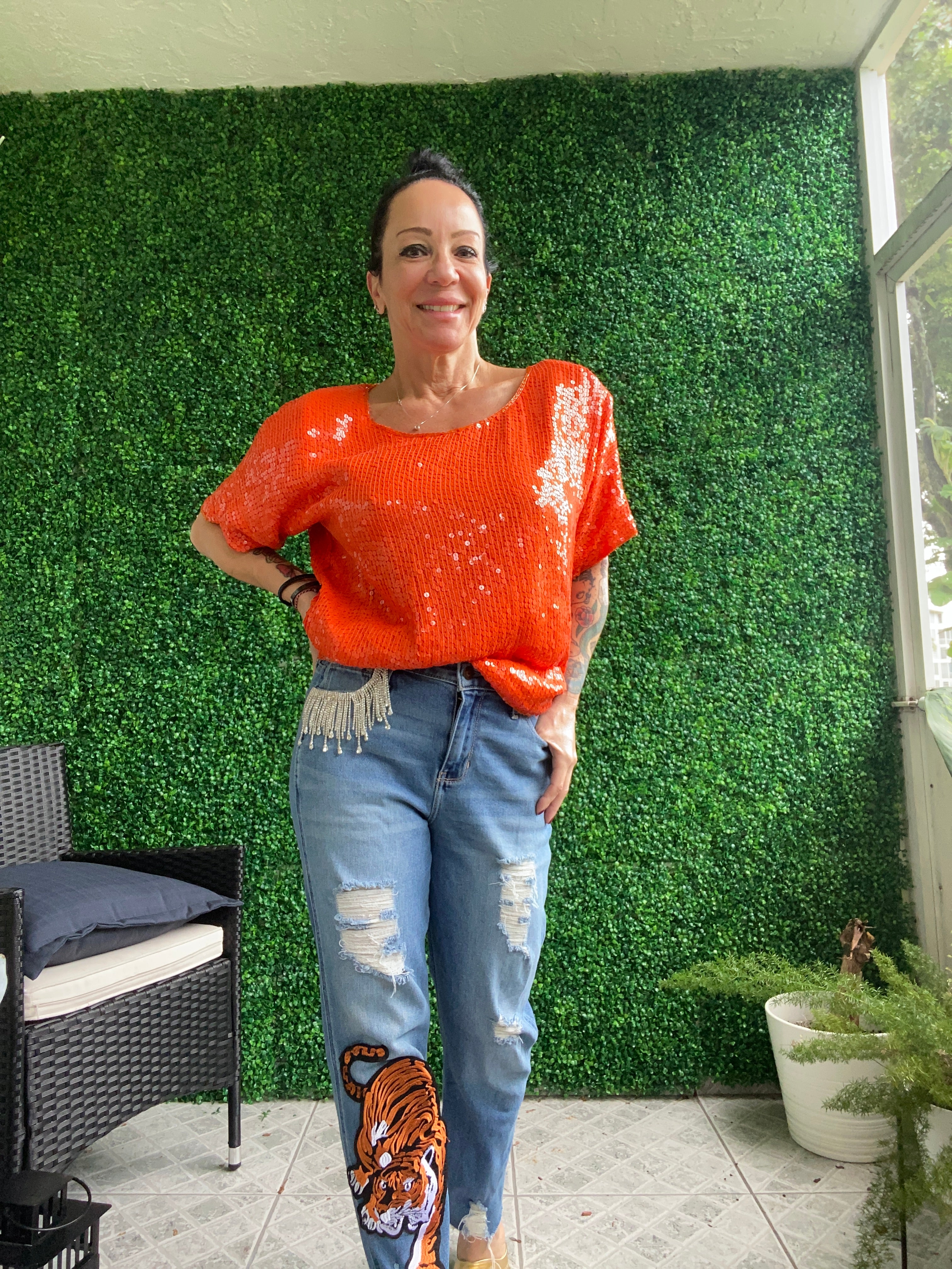 80S Jewel Queen Sequin Neon Orange Shimmer Sparkle Silk Top Slouchy Blouses Shoulder Pads
