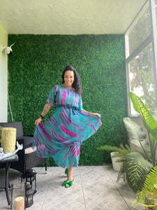 Vintage 70s The Silk Farm Dress By Icinoo Emerald Green Sheer Striped Bohemian Style