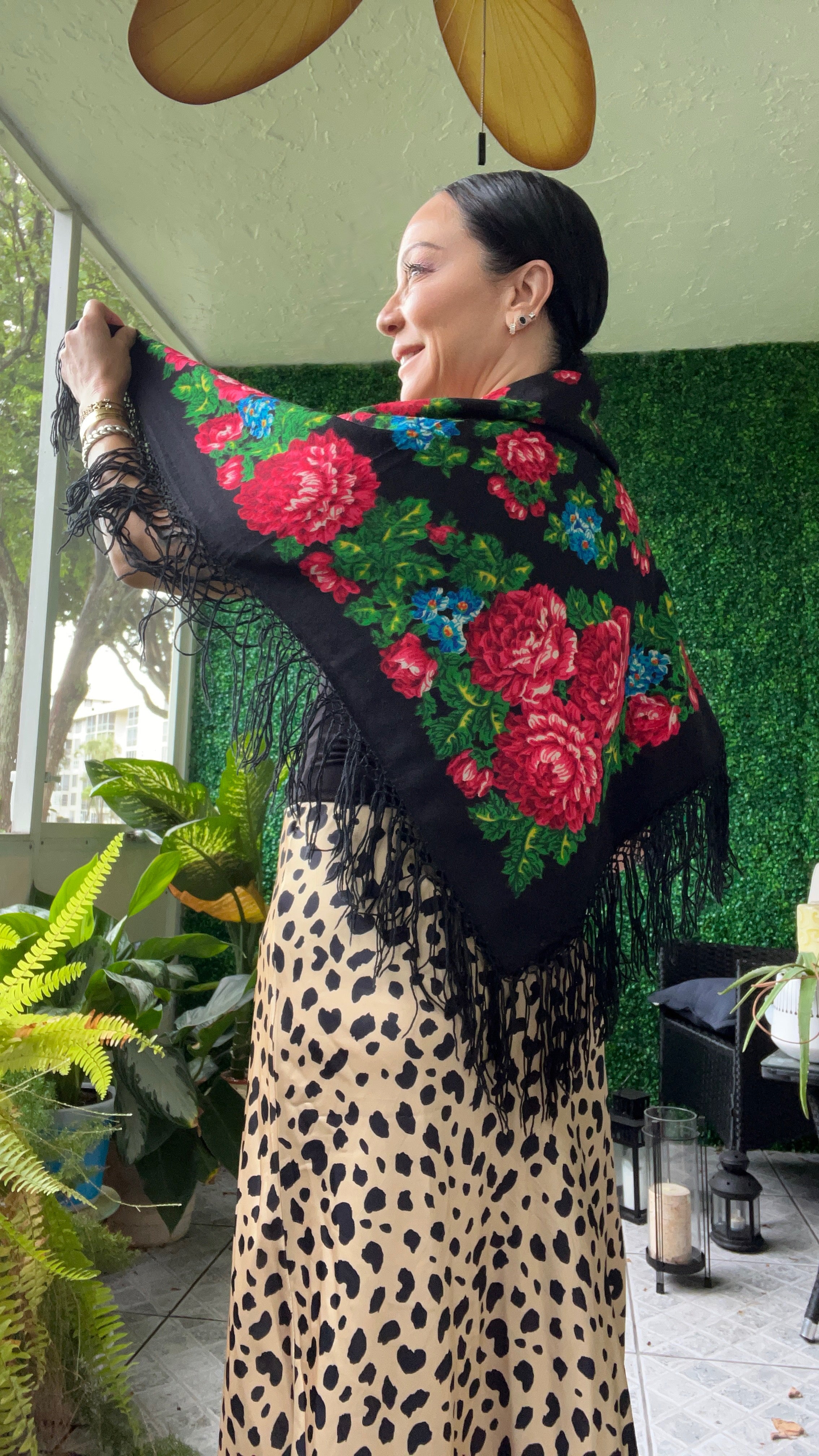 70s Black cotton piano floral fringe shawl Mexican Bohemian