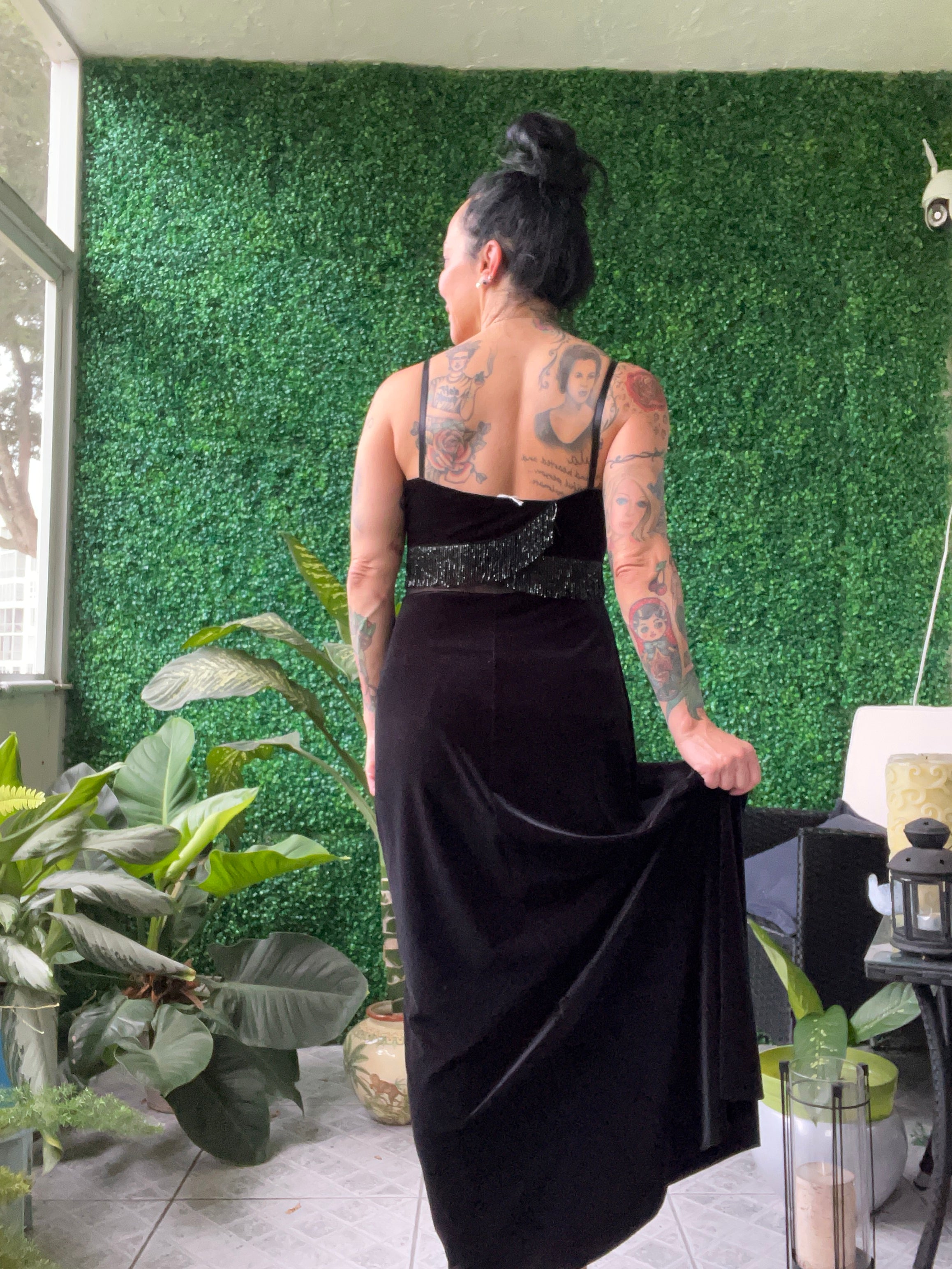 Gatsby Black Velvet Gown Sleeveless Dress with Beaded fringe by Patra