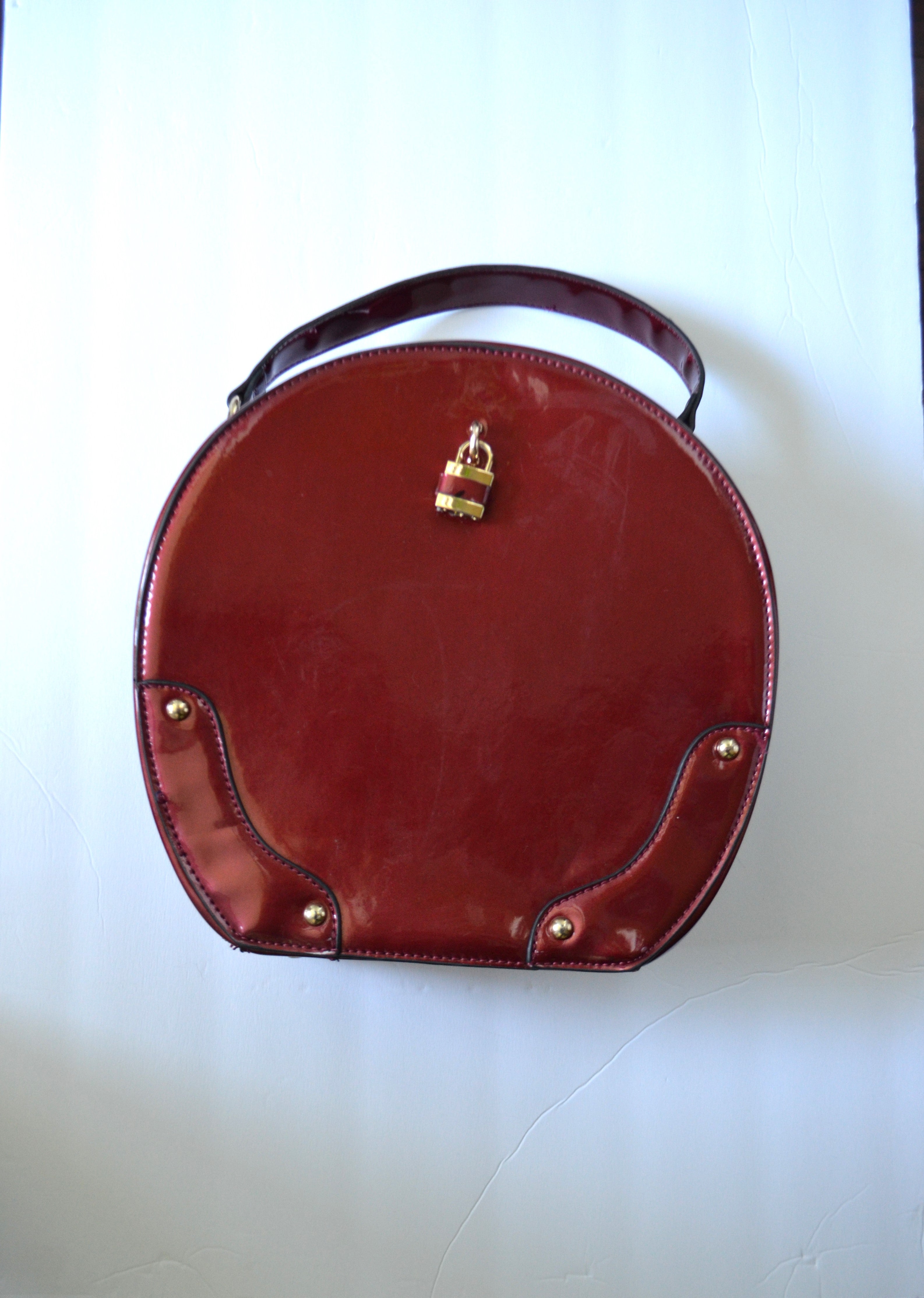 Round travel train case patent vegan leather merlot make up accessory case  purse Carry On