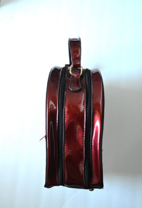 Round travel train case patent vegan leather merlot make up accessory case  purse Carry On