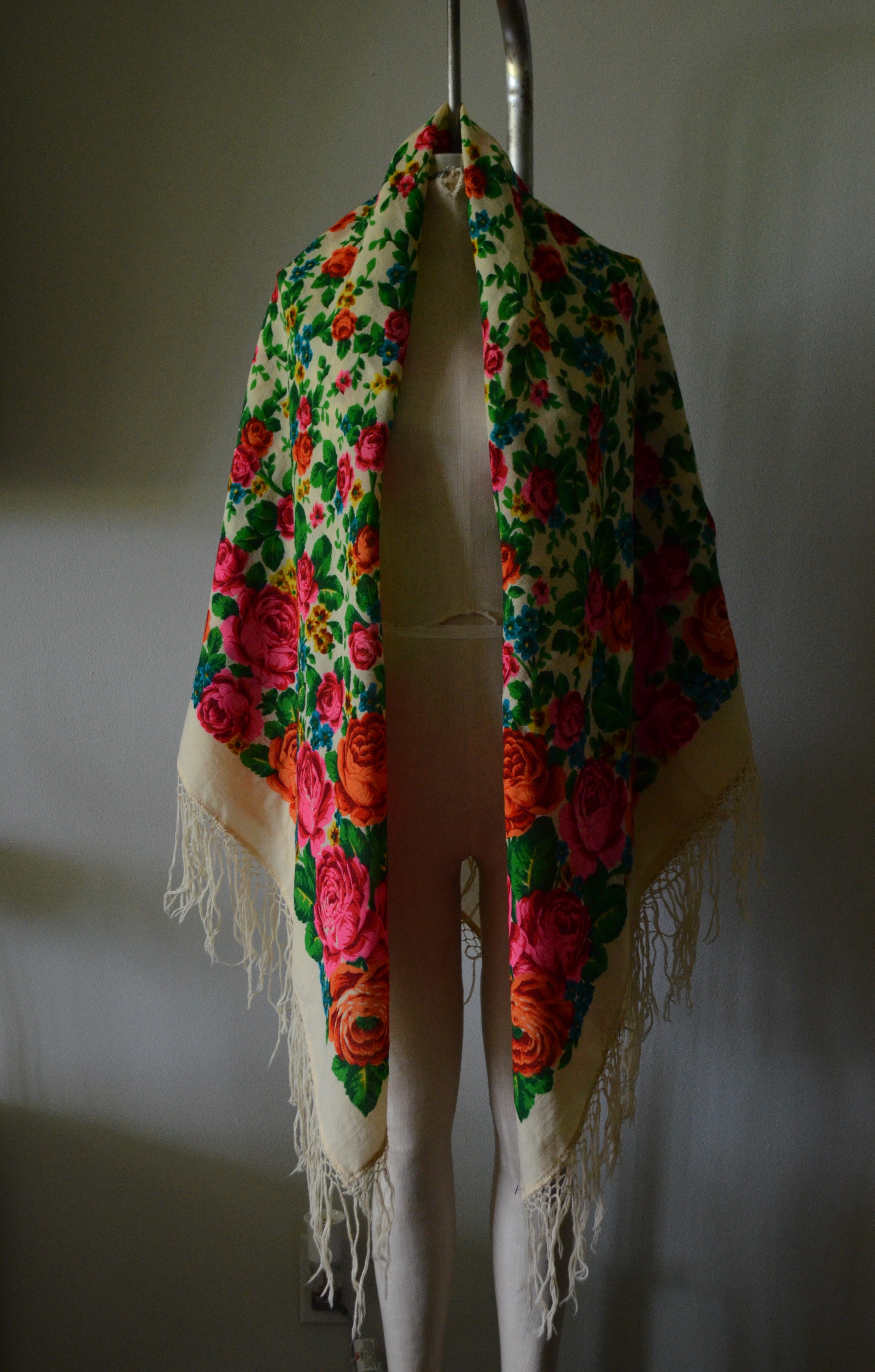 Vintage Huge Hand painted Antique Mexican Floral Piano Long Fringe Shawl Cape