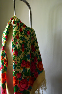Vintage Huge Hand painted Antique Mexican Floral Piano Long Fringe Shawl Cape