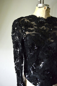 Black French Lace Sequined Sheer Corset Crop Top open back Long Sleeve