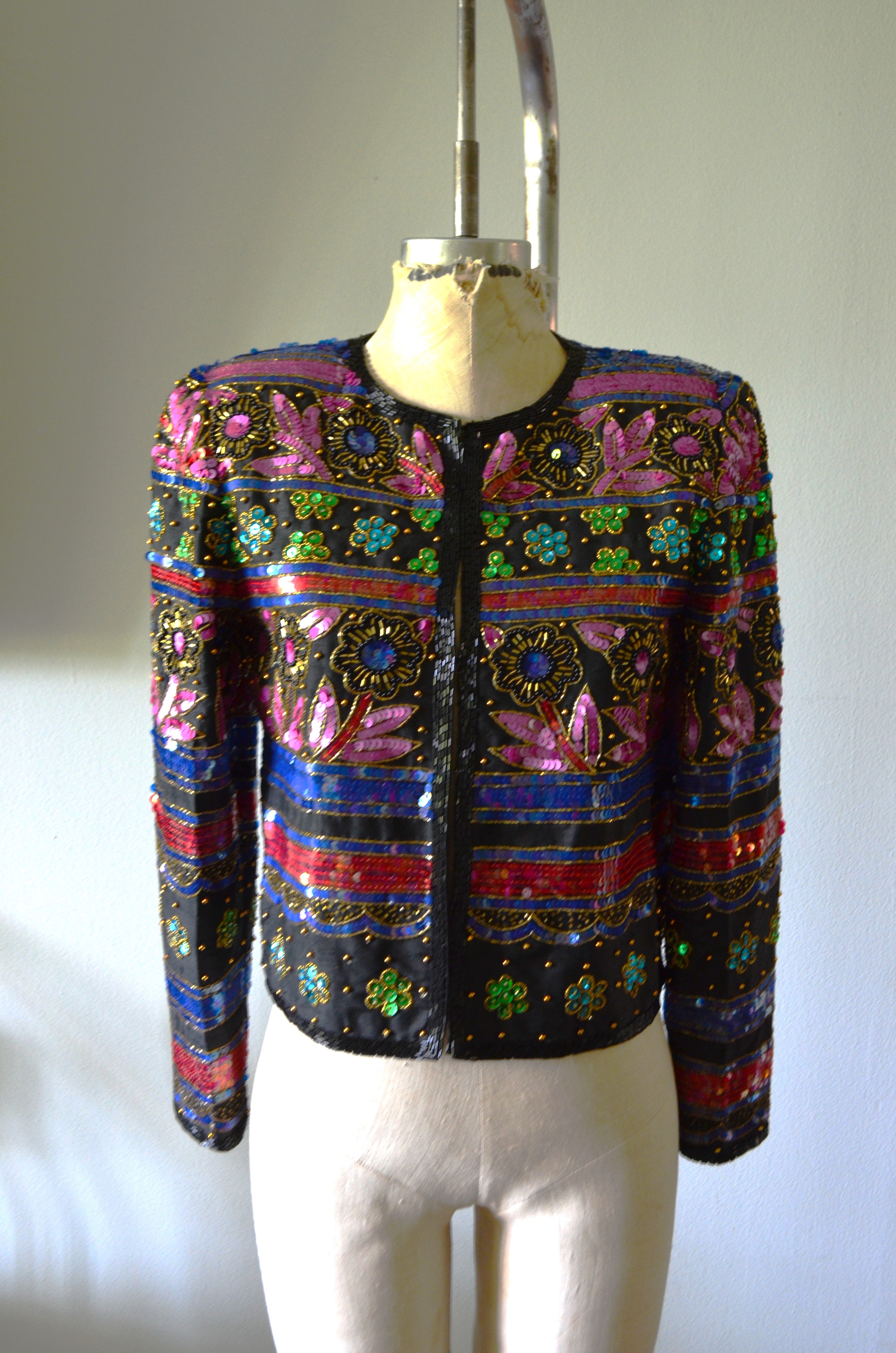 Adrianna Papell Sequined Beaded Cropped Bolero Jacket Multicolor Floral Cocktail Wedding Nye