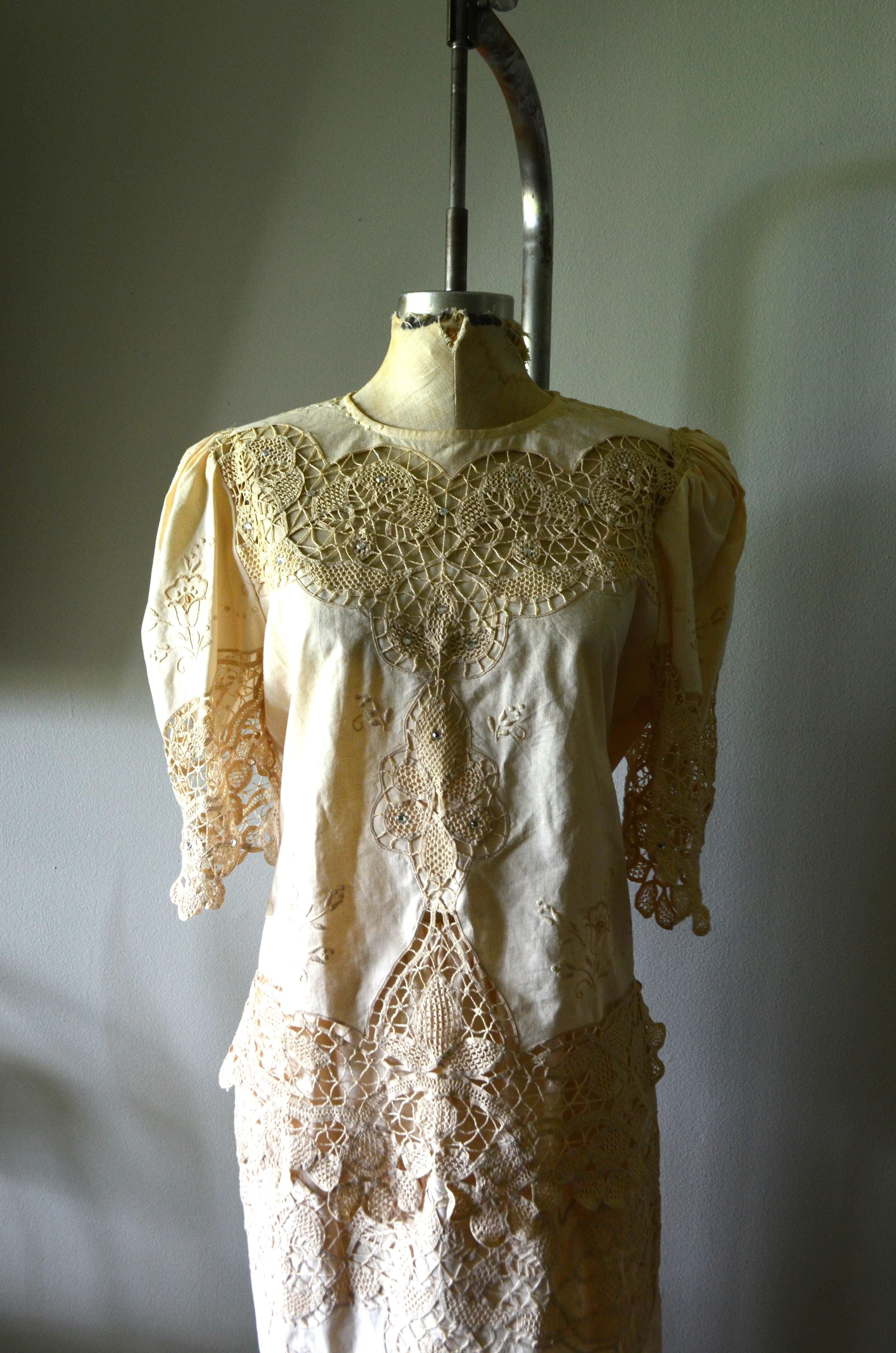 70s Boho Richelieu crochet lace ivory matching skirt set maxi skirt wedding