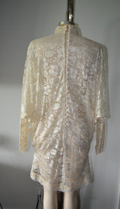 Victorian Sequin Beaded Pearl Sheer Lace Cover up Capelet Batwing Sleeve Dress