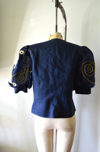 1980S Leaf Puff Oversized Sleeve Princess Blue Navy Gold Floral Braid Blouse Top