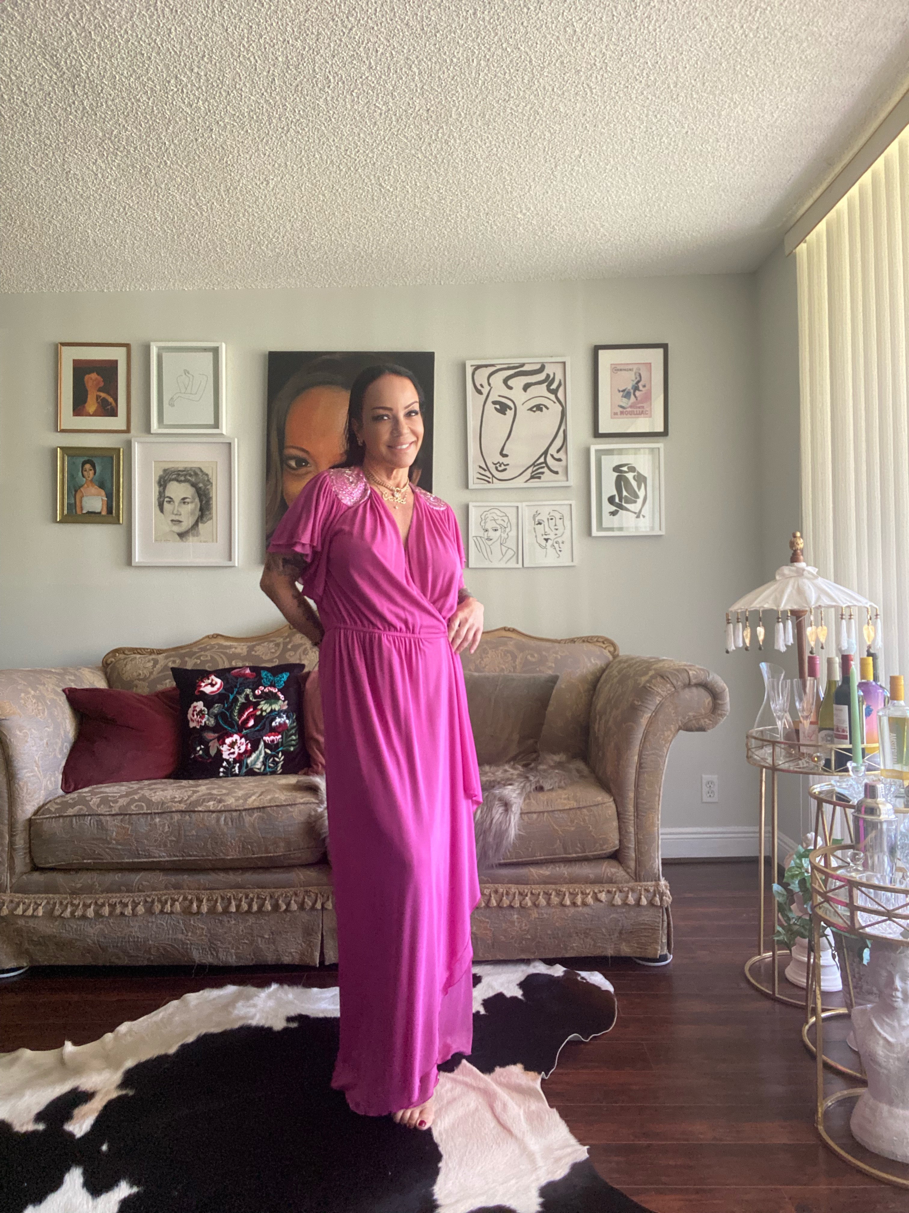Vintage 70s Lillie Rubin pink wrap dress Goddess Gatsby loungewear glam