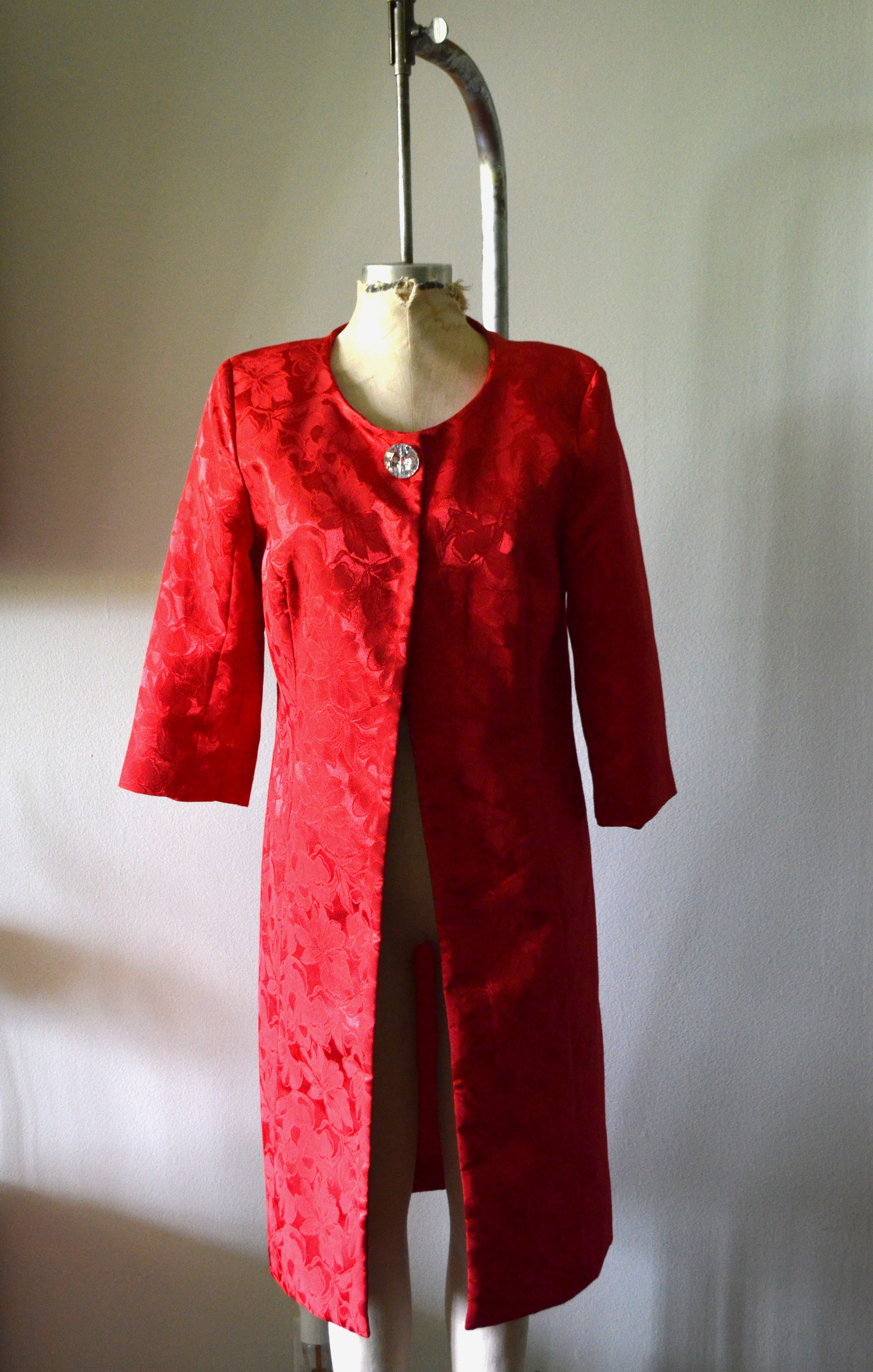 Vintage 1980s Red Lipstick Brocade Swing Coat One Size