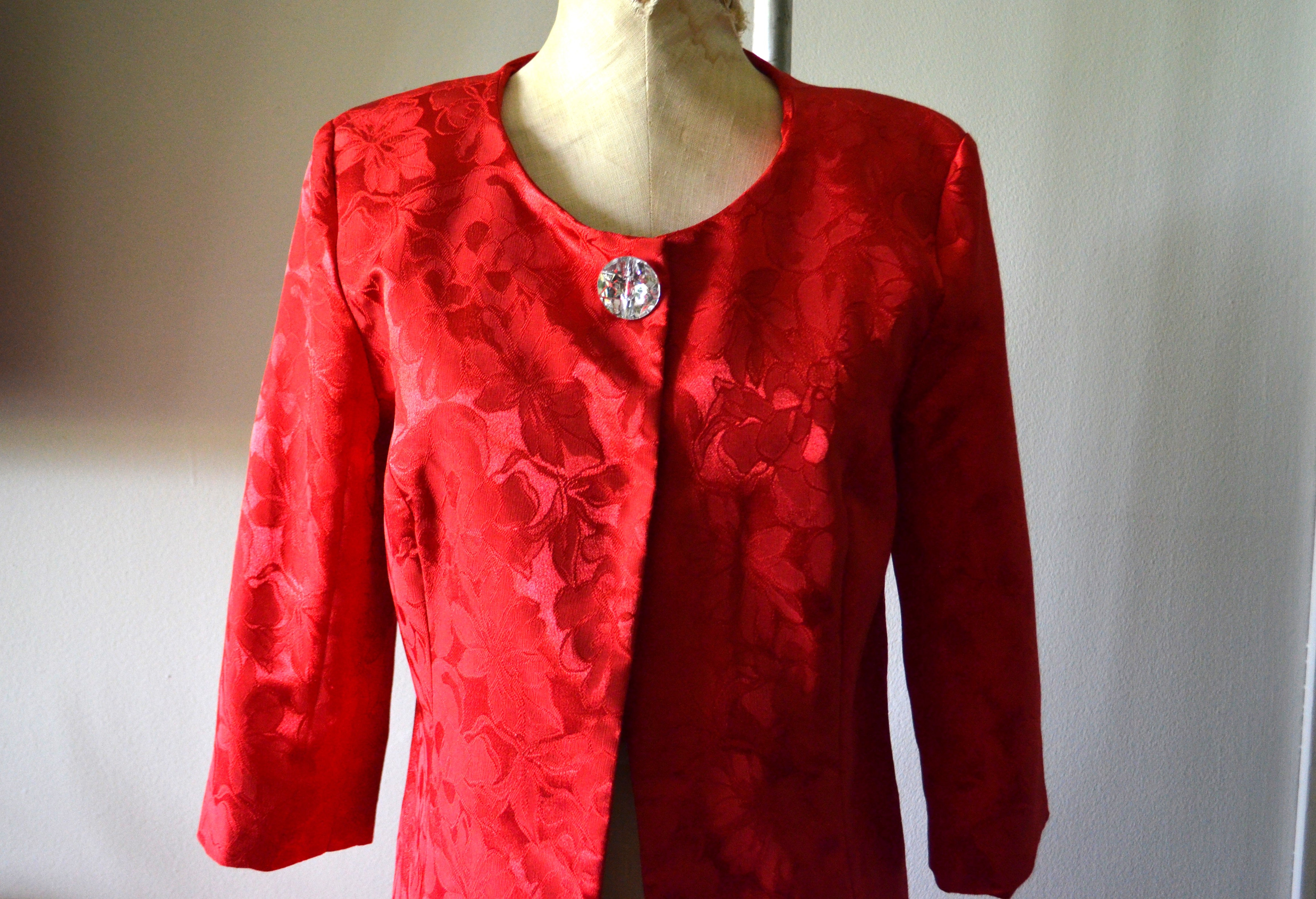 Vintage 1980s Red Lipstick Brocade Swing Coat One Size