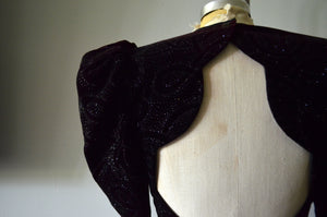 80s Velvet Brocade Sequin Top Puff Ruched sleeve Backless sexy blouse