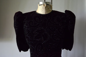 80s Velvet Brocade Sequin Top Puff Ruched sleeve Backless sexy blouse